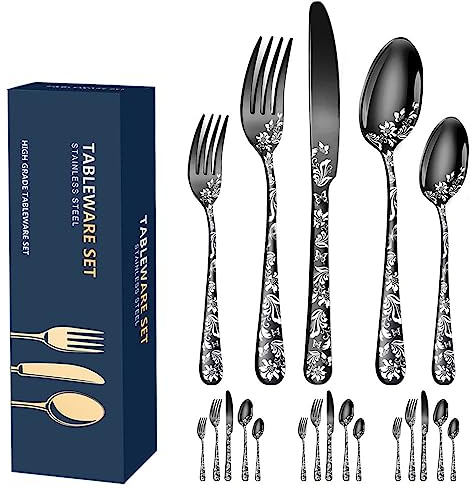 Aoresac Juego de Cubiertos 4 Personas,20 PCS Juego de Cubiertos de Acero Inoxidable Patrón Pulidos Con Espejo de Flores Incluye Cuchillo, tenedor, Cucharaditas para Cocina Restaurante Fiesta(Negro)