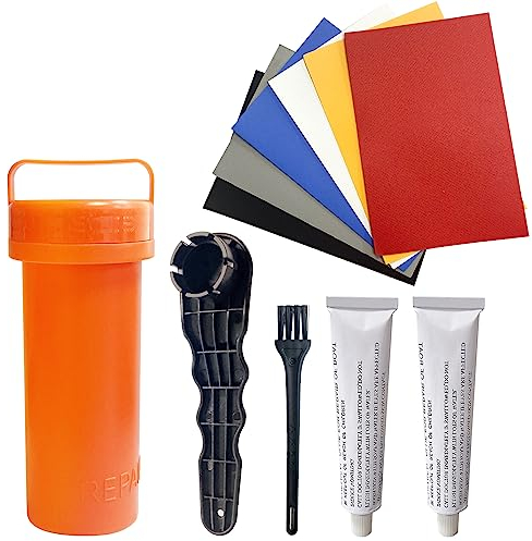Kajak Aufblasbar Reparatur Kit,Mit PVC-Patches, Professionellem Schraubenschlüssel,Kleber und Aufbewahrungseimer,Paddelbrett-Reparatursatz für Kajakboot-Floß-Surfbrett (11 Stück)