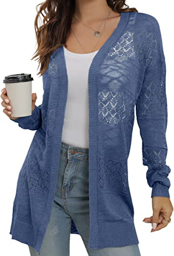 GRECERELLE Summer Cardigans for Women UK Lightweight Lace Hollow Out Knit Soft Long Sleeve Open Front Beach Coverups Ladies Solid Color Sun Protection (Blue Grey, M)