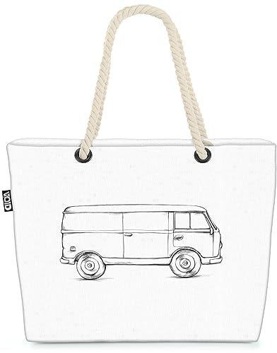 VOID Bulli Zeichnung Camping Reisen Strandtasche Shopper 58x38x16cm 23L XXL Einkaufstasche Tasche Reisetasche Beach Bag
