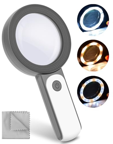 Lupe mit Licht, BROTOU 30-Fache Leselupe 18 LED - 3 Modi Handlupe mit Klarheit Doppelglaslinse, für Senioren zum Lesen Hobby Handwerk Münzen Briefmarken Inspektion Uhrmacher (Grau)