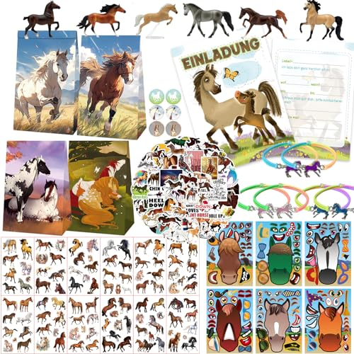 Gutenguy 92 Stück Pferde Party Mitgebsel Kindergeburtstag Set mit Pferde Tüten Einladungskarte DIY Armbänder Figuren Kinder Tattoos DIY Sticker und Aufkleber für Junge Geburtstag pinata Füllung