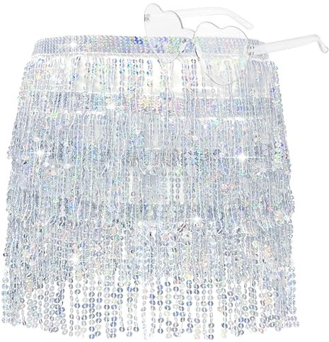 Pailletten Quaste Rock, Rock mit Pailletten, Damen Bauchtanzrock KostüM Pailletten, Quaste Fransenrock Pailletten Outfit FüR Damen, Glitzer Rock und Gläser, Warp Pailletten Fransenrock