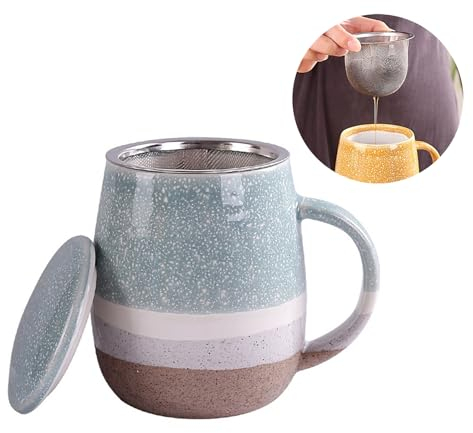 Xfeyaqlo Tazza Tisana 400ml con Filtro, Infusore e Coperchio - Ceramica per Uso Quotidiano (Blu)