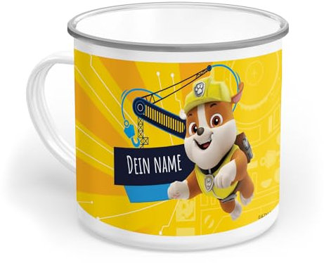 PICANOVA Kindertasse mit Namen PAW Patrol Rubble – Personalisierte Geschenke Kinder – Individuell Tasse Emaille 300 ml – Dauerhaft Paw Patrol Becher Ideal für Kinder