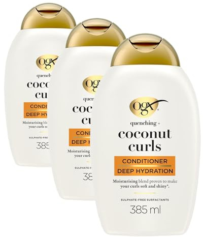 OGX Coconut Curls Conditioner 385 ml, feuchtigkeitsspendende Haarspülung mit Kokosöl, Zitronenöl und Honig, ohne Sulfate, für lockiges Haar(Die Verpackung kann variieren) (Packung mit 3)