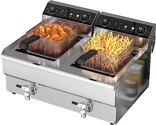 Stainless Fat Fryer 6000W 16L Commercial Deep Fryer Single Cylinder Electric Fryer Non-Slip Easy Clean Adjustable Temperature Fryer With Basket Lid For Restaurant Home Kitchen Use Easy Clean