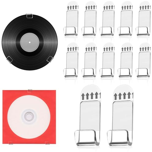 12pcs Vinyl Record Wall Mount Display, Self-Adhesive Vinyl Record Holder No Drill Clear Acrylic Album Storage Hanger with Tape CD Card Shelf for Collection Magazine Home Office Decoration