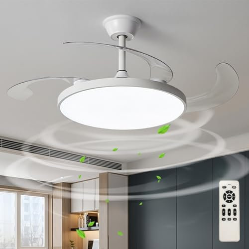 Large Ceiling Fans with Lights and Remote Silent Bedroom Retractable Fan Light LED Dimmable Reversible Modern Fan Ceiling Fan with Light Smart 6 Speed Indoor Flush Mounted for Living Room-White||95cm