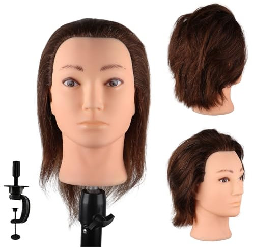 DaizySight Mann Frisierkopf 100% Echthaar, Frisurenkopf Männlicher Haarschnitt Übungskopf mit Braun Haar, Friseur Kopf Mannequin Head Puppenkopf mit Tischklemme (35 cm)
