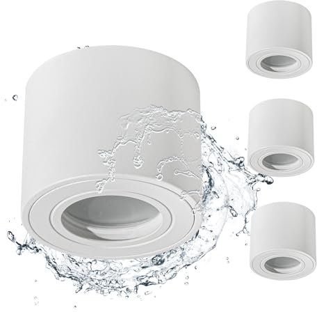 Gleonlux LED Aufbauspot Deckenspot IP44 flach 4er, Aufbauspot matt Weiß, Aufbaustrahler für LED Module 230V, Spots Deckenleuchte Rund, Deckenlampe Aluminium Ø80x65mm, Glühbirne nicht inklusive