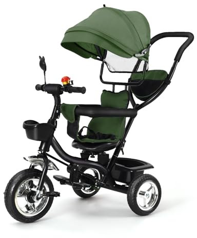 Kinderdreirad Tricycle für Kinder ab 12 Monate bis 5 Jahren mit Abnehmbarer Sonnendach&Schubstange Dreiräder,Jogger, mit Dachfenster, Sicherheitsgurte, 360 Grad Drehbar4 in 1 (grün)
