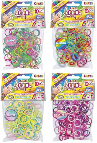 CRAZE loops BAG 300 4er Pack - Loom Bänder Nachfüllpack mit 1200 Gummibänder & 40 Verschlüsse, Farbmix, 100% hautfreundliches Silikon
