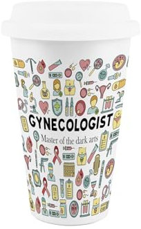 Purely Home Gynecologist Ceramic Travel Mug - Novelty Female Healthcare Gifts/Presents - Reusable Silicone Lid Double-Walled Insulated Drinks Flask Cup