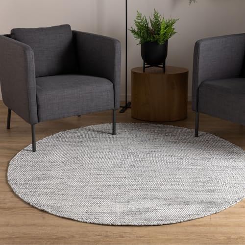 Interiyou handgewebter Baumwollteppich Riga - 200x200 cm Rund Beige/Schwarz - Handwebteppich für Wohnzimmer, Schlafzimmer - 100% Handarbeit Naturfaser Teppich Flachgewebe