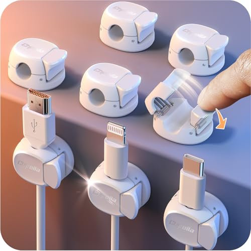 Chfeila Cable Tidy Clips, 8Pack [Dual Spring & Clasp, Max Secure] Cable Organiser, Desk Cable Management, Adhesive Phone Charging Wire Holder for Nightstand/Car/Wall, Home, Office Accessories - White