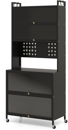 GOPLUS Armario de Cocina con 6 Niveles, Buffet con Encimera, Despensa con Puertas Batientes, Ganchos, Microondas con Ruedas (Negro)