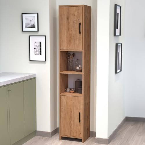 [en.casa] Hochschrank Rautrina Badezimmerschrank mit 2 Türen Küchenschrank mit 6 Fächern Badschrank 180 x 35 x 30 cm Mehrzweckschrank Vorratsschrank Eicheoptik