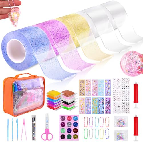 SelfTek 55 Stück Nano Tape Bubbles Set für Kinder, DIY Bastelset Kinder 3+ Jahre Kit mit Pump Pailletten Glitzerpulver Aufklebern Ton Schere Werkzeugen, DIY Nanotape Kreatives für Mädchen Jungen