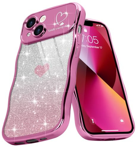 Teageo Cute Heart Pattern Curly Phone Case for iPhone 13, Wave Frame Glitter Case for Girls Women Aesthetic Bling Cover Shockproof Soft TPU Bumper for iPhone 13, Rose Red