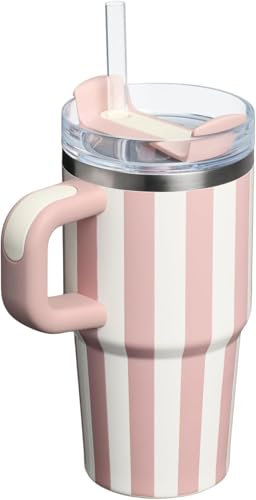 20 oz/590 ml Tumbler with Handle and Straw, Thermal Mug with Straw and Handle, Insulated Stainless Steel Drinking Cup, Iced Coffee Travel Mug, Gifts Outdoor Sports (Pink Stripes)