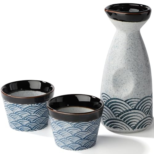 Keramik Sake Set mit Sake Becher Wein Topf Porzellon Sake Satz für Wärmeren (1 Sake-Topf 2 Sakebecher)