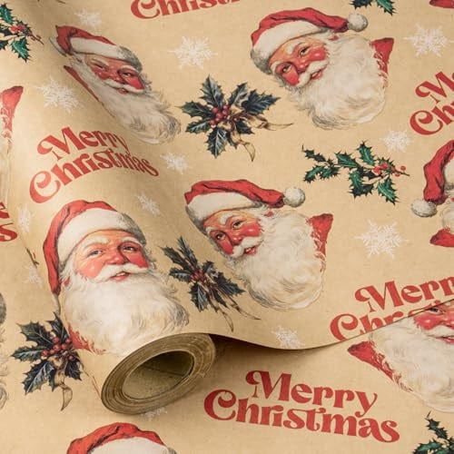 RUSPEPA Weihnachtsgeschenkpapierrolle, Vintage-Weihnachtsmann- und Frohe-Weihnachten-Design mit Stechpalme und Schneeflocke, Kraft-Geschenkpapier für Kinder, Weihnachten und Feiertage, 43,2cm x 5m