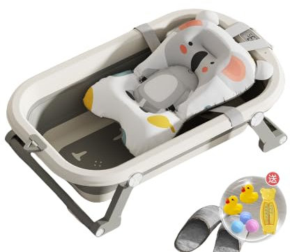 Baignoire Bébé Pliable Avec Transat De Bain Pour Bebe & Thermomètre Intégré, Baignoire Enfant Avec Siege De Bain Pour Bebe, baignoire Bebe Sur Pied,Canard jaune gratuit-gris