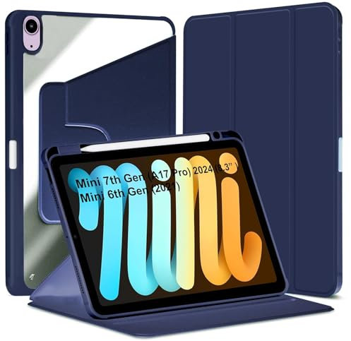 World biz Étui rotatif pour iPad mini (A17 Pro, 2024, 7e génération)/mini 6 (2021, 6e génération) avec porte-crayon, rotation à 360 degrés, fonction veille/réveil automatique (bleu marine)
