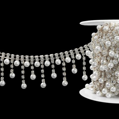 PEARLY JUN 91 Cm Silber Perlen Strassband Zum Aufnähen Strasssteine | Aufnähen Nähen Leder Schuhe Kristall Kette Tassel Chain DIY Blumenstrauß Dekoration Kleidung Hochzeit Kopfbedeckung