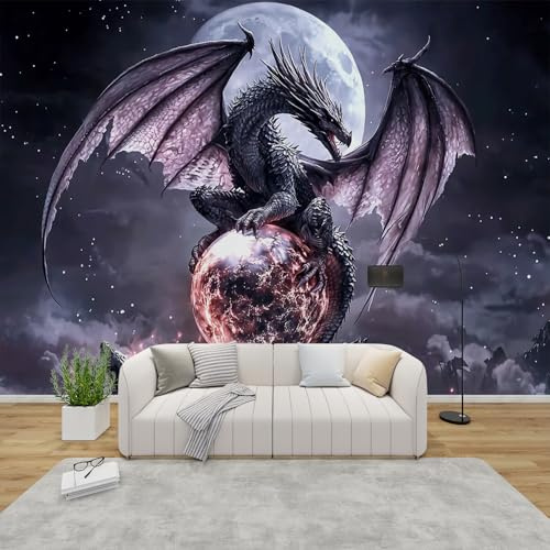 Fototapete Drachen Schlafzimmer, 3D Tapete Fantasie Tiere, Vliestapete Grau Schwarz, Tapeten Wohnzimmer, Jungen Gothic Drache Wand Deko Kinderzimmer, Wandtapete, Mustertapete Vlies 300x210 cm