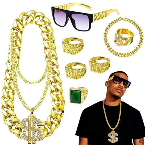JJZENKD 9 Stück Karneval Kostüm zubehör Erwachsene,80s 90s Hip Hop Outfit,Mit Goldkette,Dollar Anhänger,Hanzi Rings,Edelsteinring,Goldenes Armband& Sonnenbrille,Gangster-Kostüm für Herren