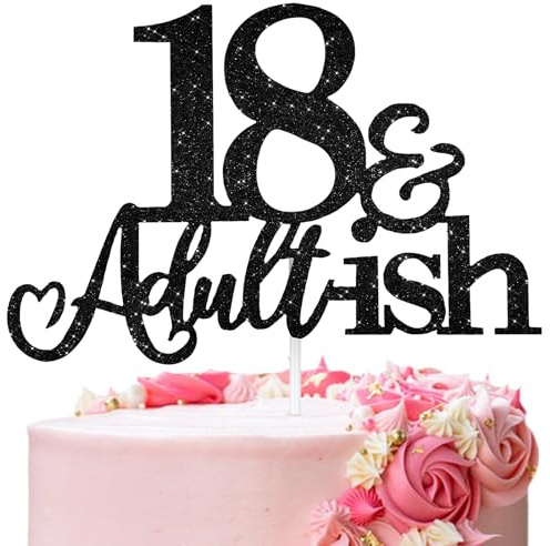 18th Birthday Cake Topper, Black Glitter Happy 18th Birthday Cake Toppers for 18 Anniversary Party Decoration Supplies