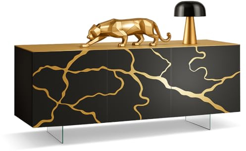 Mar.c.a. Design Anrichte mit 3 Türen aus Tanganjika-Holz mit Glasbein – Modernes Wohnzimmermöbel Made in Italy – 189 x 48 x 78 H cm
