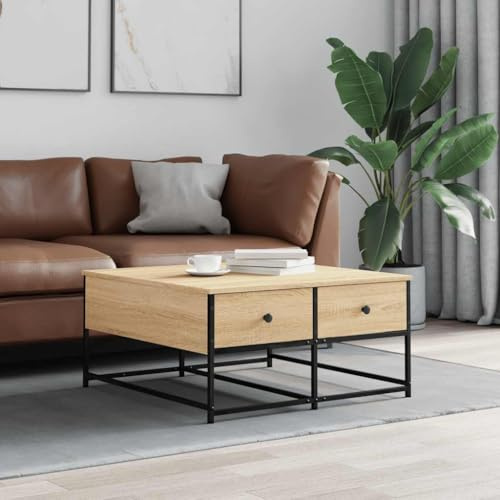 Holamys Couchtisch Sonoma-Eiche 80x80x40 cm, Holzwerkstoff Modern, mit 2 Schubladen, Metallgestell, Wohnzimmertisch mit Stauraum