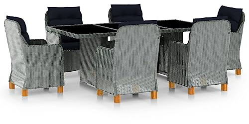 QJBSAVVA 7-teiliges Rattan-Garten-Set Hellgrau 200x100 cm Tisch + 6 Stühle mit Auflagen Balkon/Terrasse