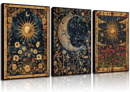 Lmovutcom 3-teiliges Sonne und Mond Himmels-Leinwandbild, Tarot Halbmond Bild Wanddeko, Gothic Wildblumen Malerei Poster Druck, Dark Academia Stimmung für Schlafzimmer Wohnung, Rahmen nicht inklusive