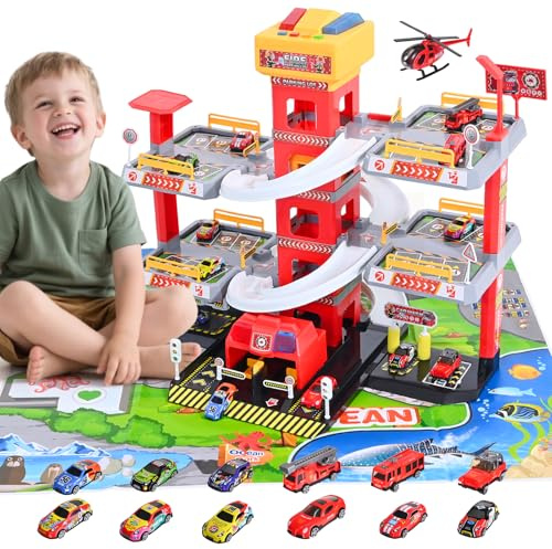 5 Stöckiges Parkgarage Spielset, Parkhaus für Kinder 3 Jahre, with Parklift Inklusive, Groß Spielzeug Parkhaus mit 12 Autos und 1 Flugzeug, als Geschenk für Kinder ab DREI Jahren