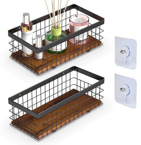 Alyoen Drahtkorb mit Dekorativer Holzbasis, Metallkorb Schwarz für Toilettenpapier, Kosmetik & Gewürze, Wandkorb für Badezimmer und Küche, 2 Stück