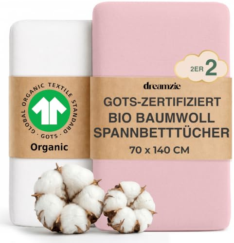 Dreamzie - Spannbettlaken 70x140 cm, 2er-Set, GOTS Bio-Baumwolle Jersey, für Babybett und Kinderbett, Weiß Rosa