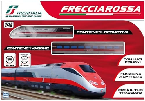 Pista Trenitalia Frecciarossa ETR 500E Scala 1:43 con luci e Suoni - Treno Giocattolo 1 locomotive 1 vagoni e 2 tracciati binari - Funzionamento a Batteria - idea regalo
