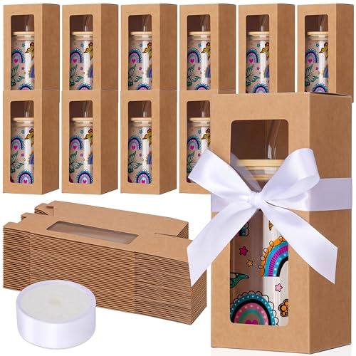 FillTouch 30 Pcs Brown Gift Boxes with Ribbon for Sublimation Glass Exhibition Transparent Tumbler Gift Boxes for 12oz 16oz 20oz Glass Jar Shipping Packaging