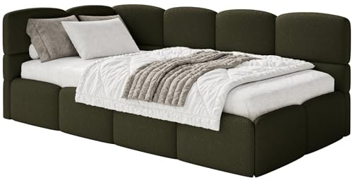 Selsey Jugendbett 120x200cm Olivgrün Bouclé Stoff mit Stauraum und Lattenrost, gepolstertes Polsterbett mit Bettkasten, Jugendbett linksseitig mit Eckkopfteil, Bett 120x200 für Kinderzimmer