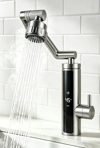 Wasserhahn mit Durchlauferhitzer, Warmwasserhahn Dlektrisch, 230 V | Elektrischer Heiß- und Kaltmischer Wasserheizhahn mit digitaler Anzeige, Edelstahl Wasserhahn mit 360° drehbarem (Sliver)