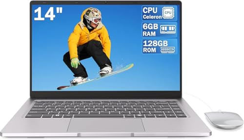 LEEDOW 14 Inch Slim Laptop Celeron N4000 6GB RAM 128GB SSD Notebook Silver
