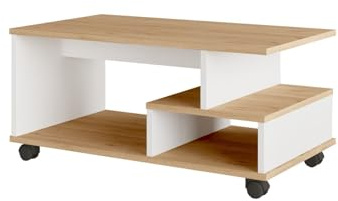 Hanah Home Stilvoller Couchtisch mit Rollen, Eiche & Weiß, 90 x 51 x 42,5 cm | 100% melaminbeschichtet, 18 mm stark | Modernes Design