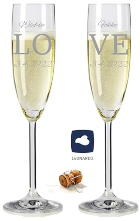 laser-diele 2 Leonardo Sektgläser mit Gravur - Geschenk zur Hochzeit - Graviert mit Namen und Datum - Sekt LOVE