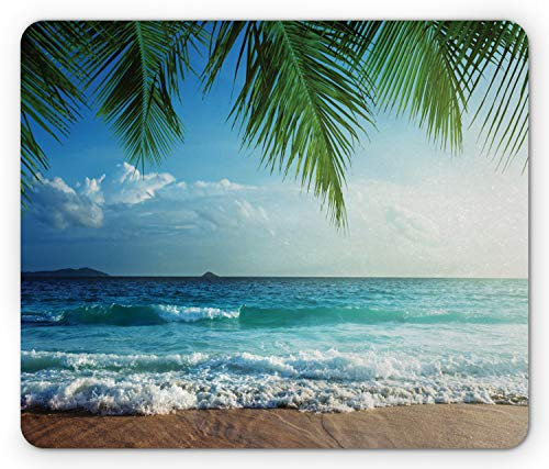 Ambesonne Mauspad mit Ozean, Palmen, tropische Insel, Strand, Malediven, Fotografie, Zuhause, Postkarte, Reisende, Entdecker, rechteckig, rutschfest, Gummi, Standardgröße, Blau und Grün