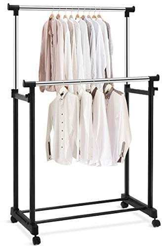 DREAMADE Kleiderständer auf Rollen, Kleiderstange Höhenverstellbar, Mobiler Garderobenständer, Rollgarderobe mit Ablage, Garderobenwagen mit Schuhablage, Doppelruten Belastbar(86 x 43 x 94-168 cm)