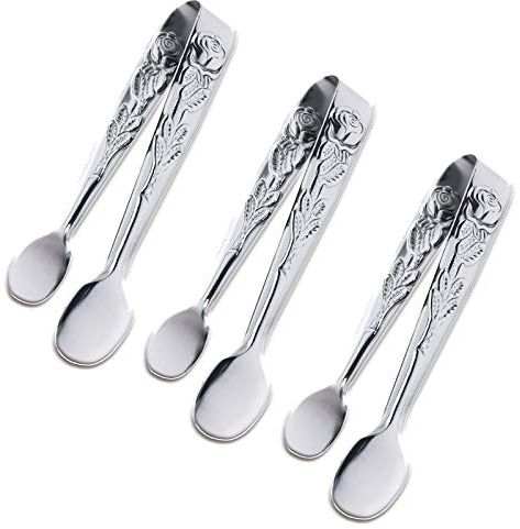 Sunenlyst Mini-Servierzange, 10,2 cm Rose, Edelstahl, Zuckerwürfelzange, silberfarben, kleine Eiszange für Tee- und Kaffee-Party, Vorspeisen, Desserts (Silber)